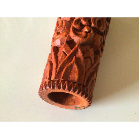 Vintage Vase Ornate Floral Hand Carvings Wooden 10" x 4"  Made In Thailand - Picture 7 of 14